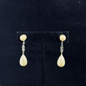 Vintage Silver Tone And Faux Pearl Dangle Screw Back Earrings (5294)